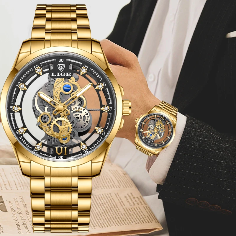 LIGE 2023 New Men Watch Skeleton Automatic Quartz Watch Gold Skeleton Retro Man Watch Top Brand Luxury Mens Watches Reloj Hombre