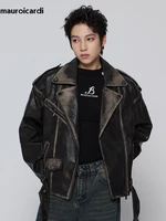 Mauroicardi Spring Cool Handsome Vintage Distressed Black Pu Leather Biker jacket Men Belt Zipper Loose Unisex Clothes 2024 1