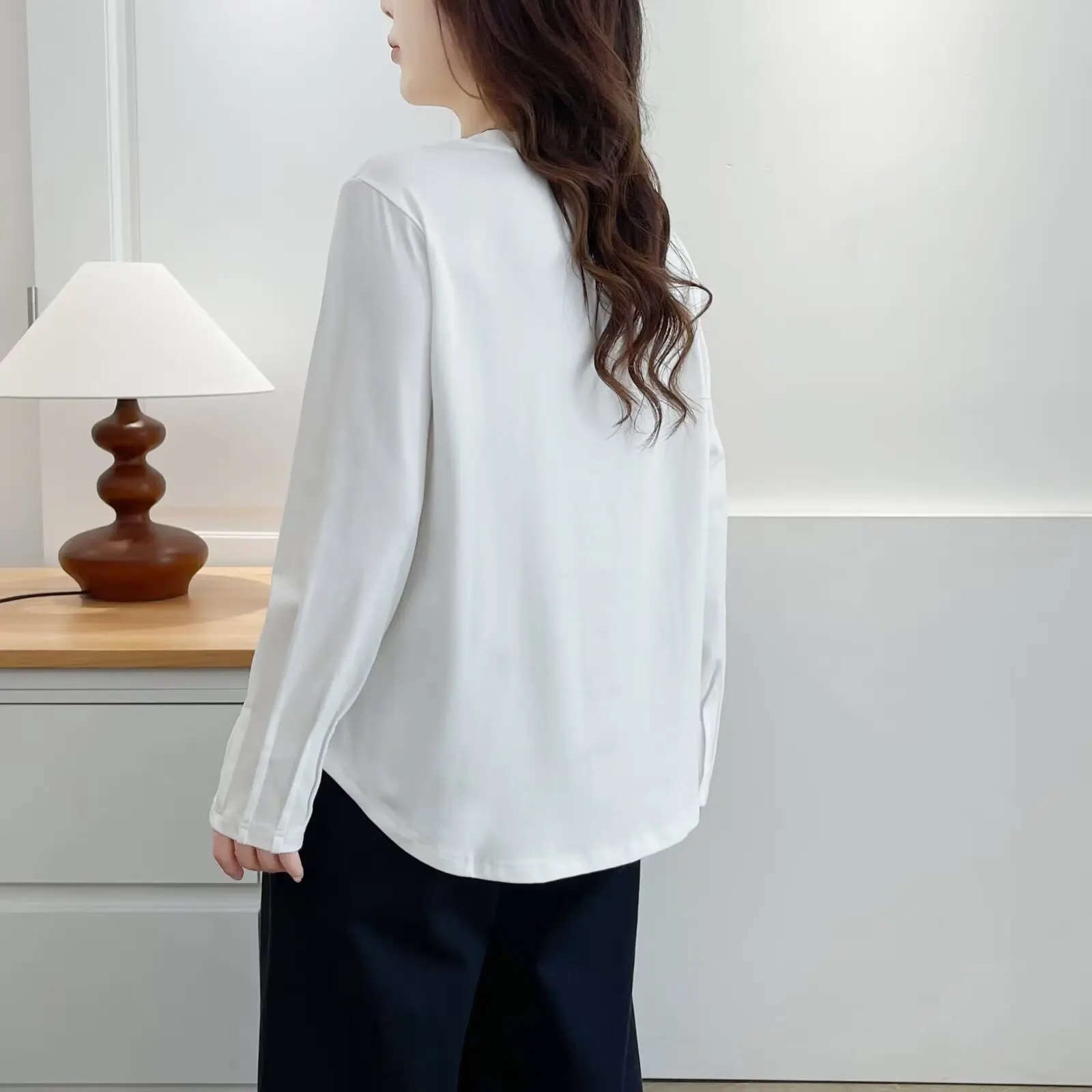 XXXXL Fashion Plus Size Women's T-Shirt Autumn New Basic Style Embroidered Pleated Cuffs Long Sleeved Base Top 2508