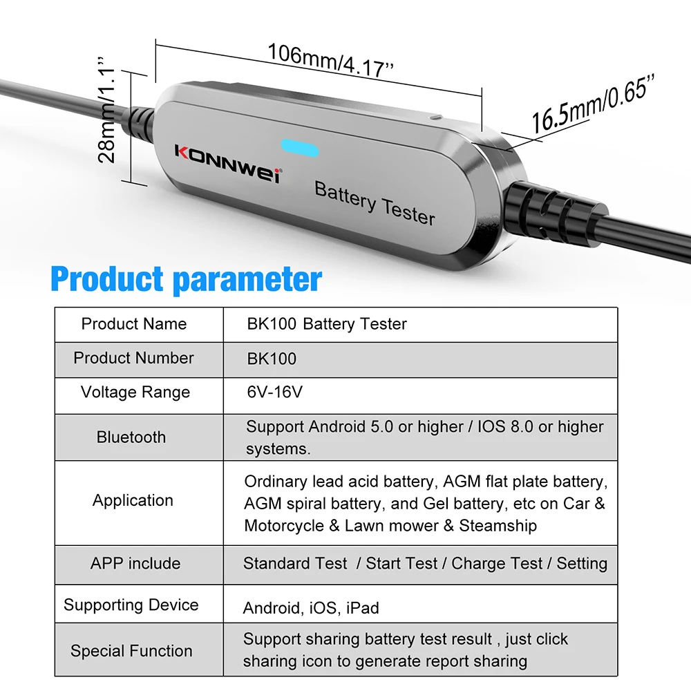 KONNWEI BK100 Bluetooth 5.0 Car Motorcycle Battery Tester 6V 12V Battery Monitor BT 5 2000 CCA Charging Cranking Analyzer Tools images - 6