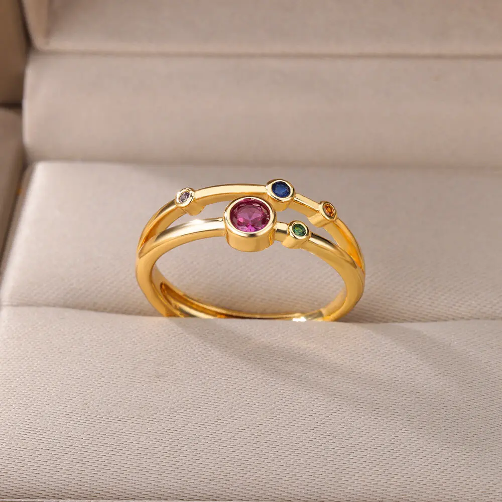 Zircon Round Stone Rings Stainless Steel Gold Color Finger