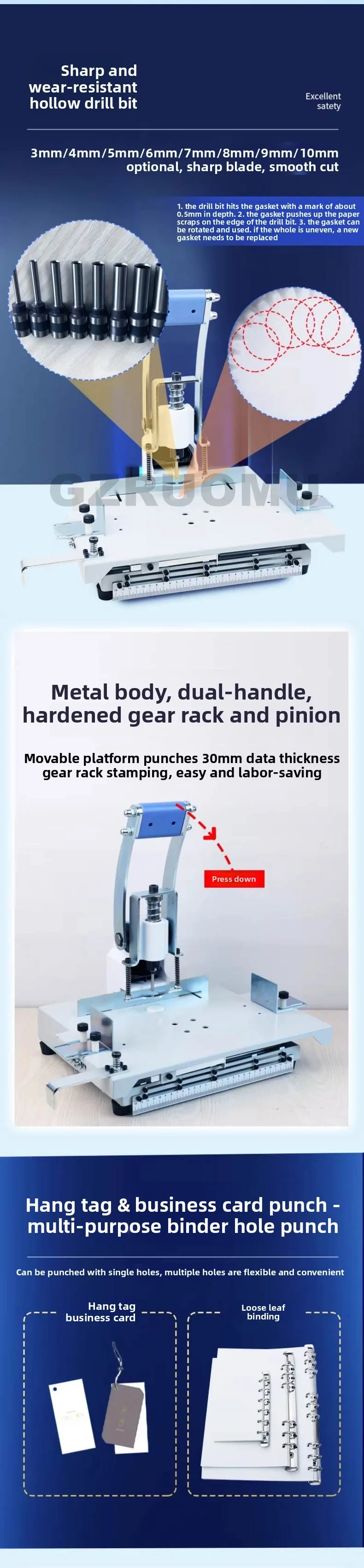Manual Hole Punching Machine Multi-hole Punch 3-10MM Drill Optional Paper Tag Dr