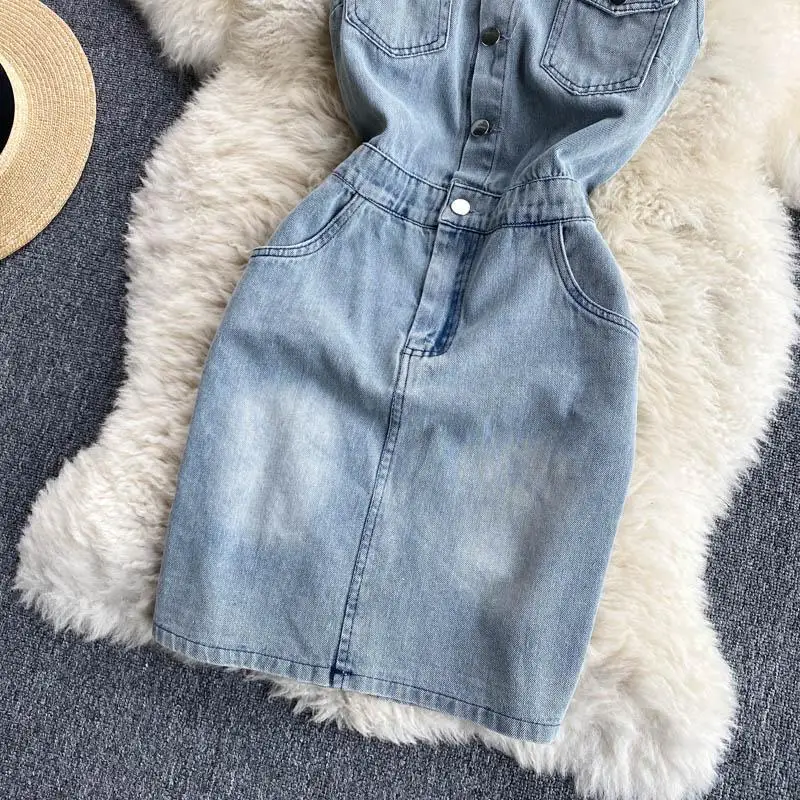 Summer Women Denim Dress Turn Down Collar Sleeveless Washed Denim MIni  Dresses 2023 New Chic Female Slim Vestido - AliExpress 200000345