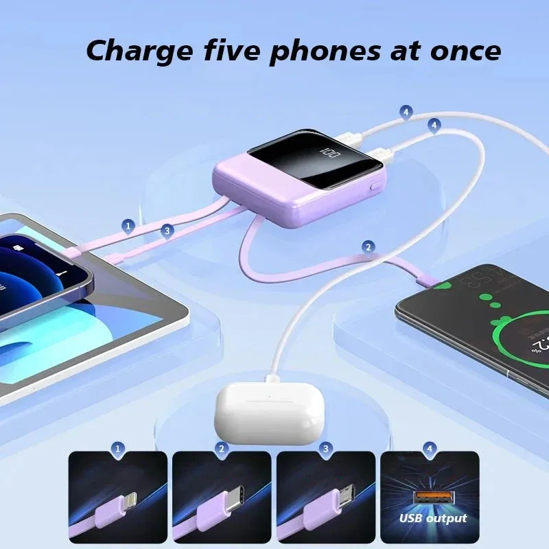 Large Capacity Flash Charging Ultra-thin Built-in 4-wire Power Bank, 20000mAh Suitable for Universal Mobile Power Supply