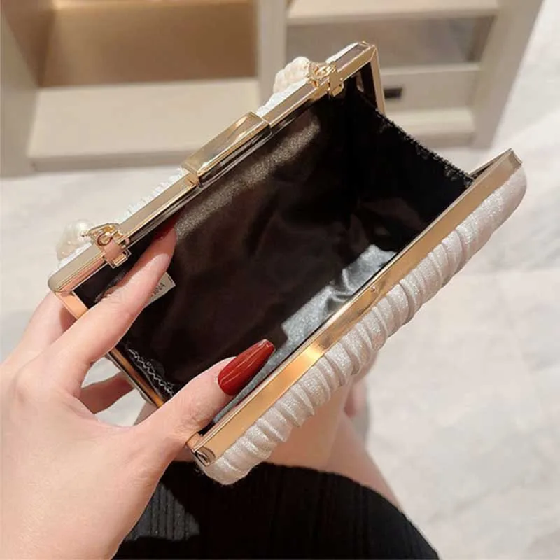 Borsa da Sera in Seta Elegante per Donne, Clutch con Catena di Perle, Borsa a Tracolla di Lusso, Borsetta Femminile per Matrimoni e Feste - immagine 5