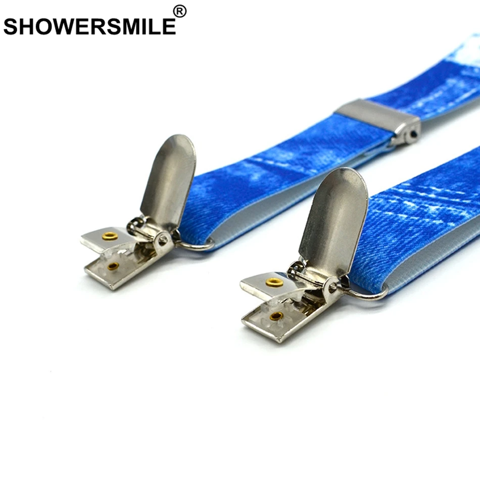 SHOWERSMILE Boys Suspenders Print Denim Blue Braces And Bow Tie Set Children Leather 4 Clips Elastic Adjustable Kid Pants Strap