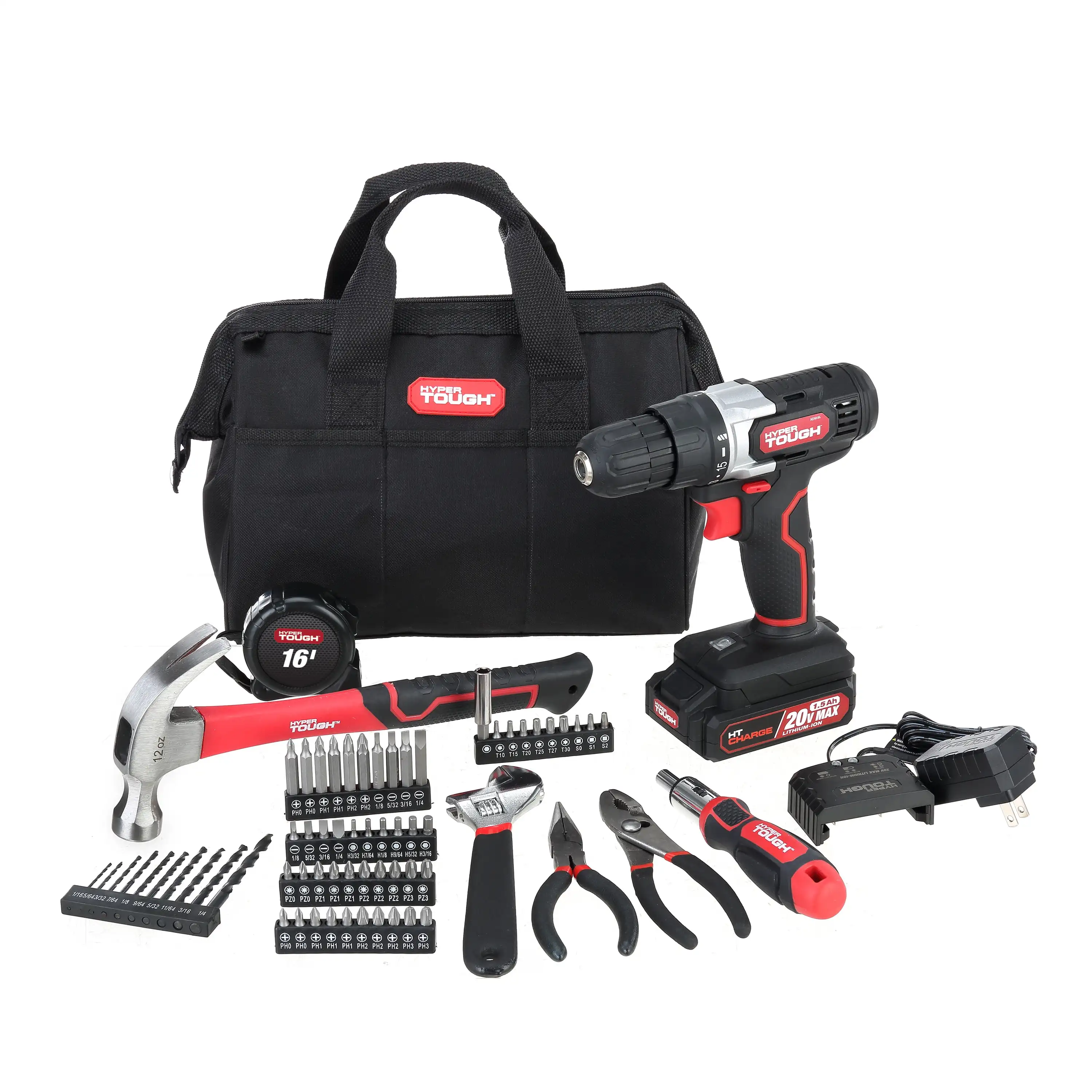

Hyper Tough 20V Max Lithium-Ion 3/8 inch Cordless Drill, 70-Piece Home Tool Set