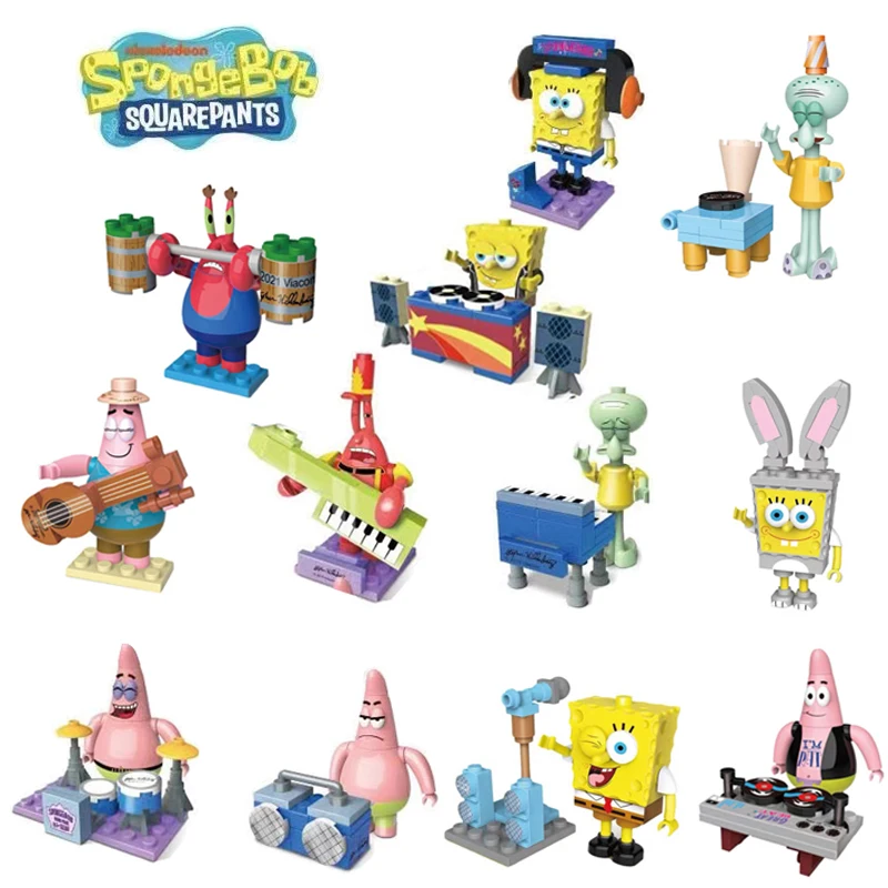 6-1pcs SpongeBob SquarePants Assemble Blocks Mini Twisted Egg Burger Doll Pie Star Crab Boss Children's Toy Birthday Gift