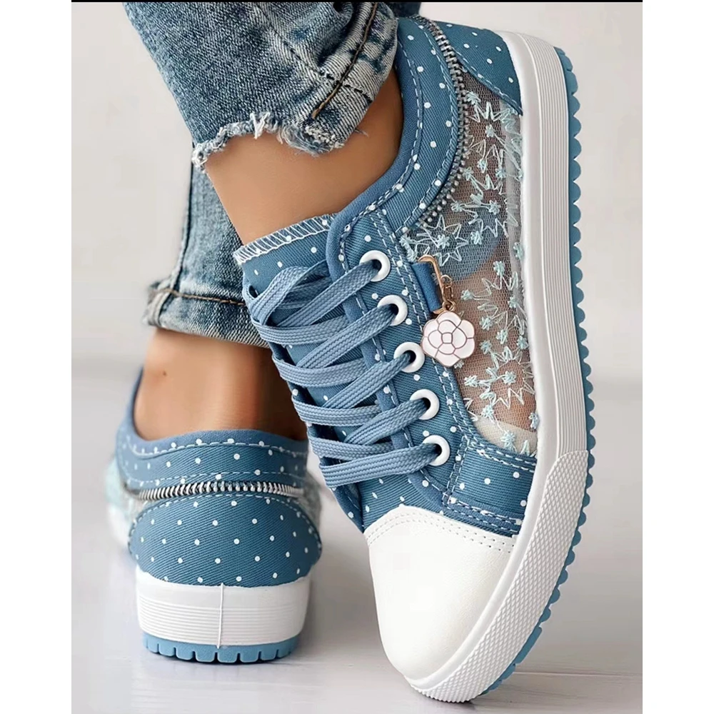 Women Floral Pattern Embroidery Canvas Sneakers Autumn Femme Casual Polka Dot Print Round Toe Daily Lace-up Flats Shoes Korean