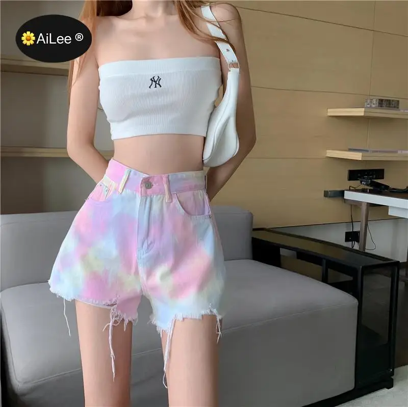 Tie Dye Demin Hot Shorts for Women Frayed Raw Hem Ripped Tassels Distressed High Rise Summer Clubwear Jeans for Teens Young Girl