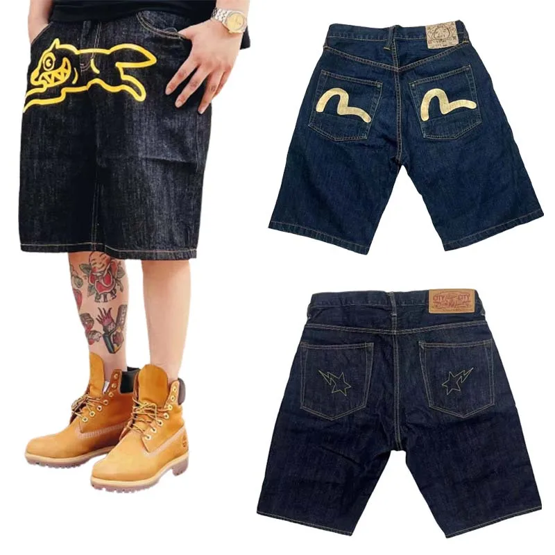 

Y2K Style Denim Shorts Hip Hop Gym Shorts Men Loose Casual Sweatpants Wide Legs Shorts Streetwear