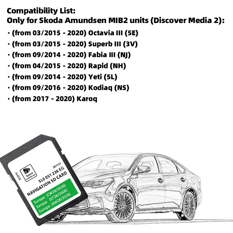 SAT NAV SD Card 32GB Europe UK 2026 5L0051236EG Navigation Maps for Skoda Octavia Superb Fabia Yeti Kodiaq Amundsen 2