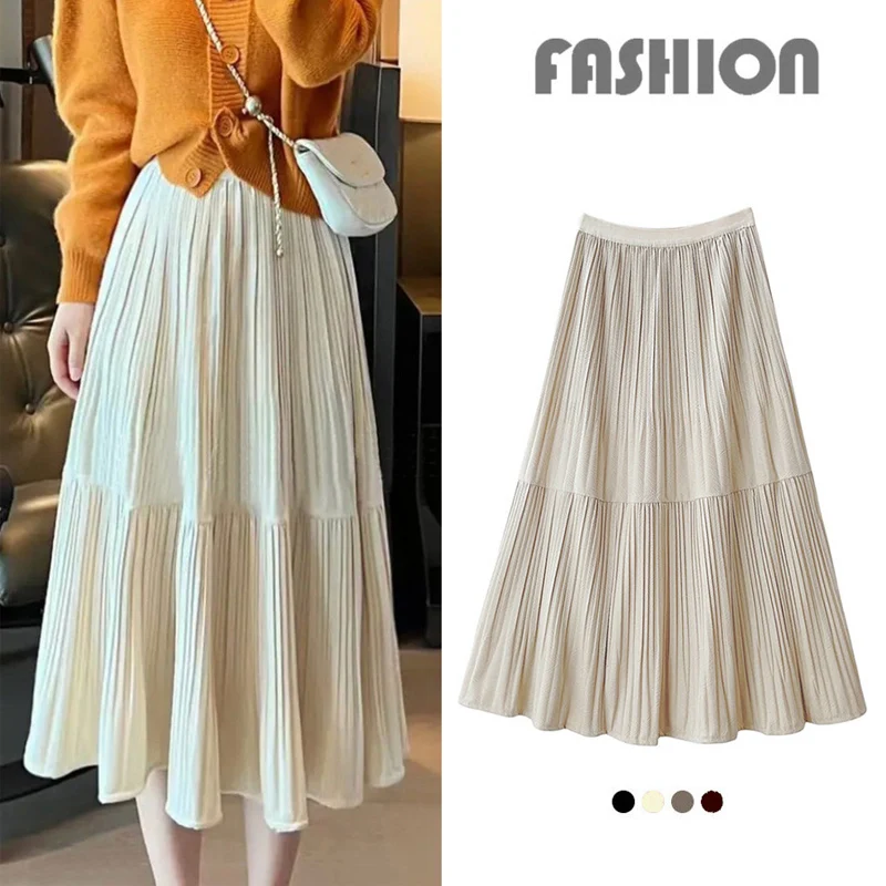 

OHRYIYIE Beige Black Velvet Long Skirt for Women Elastic Waist Thick A-line Skirt Female Mid-calf Pleated Skirt Lady Jupe Longue