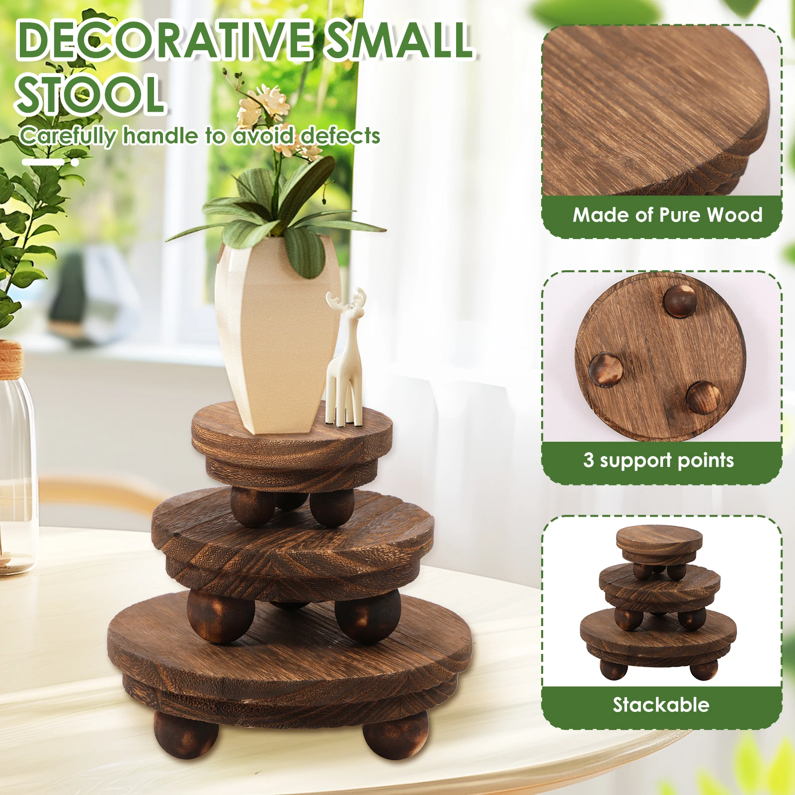 3Pc Holder Stand Pot Flower Wood Wooden Stool Rack Outdoor Indoor Display Smallflowerpot Gardening Table Shelf Potted Windowsill