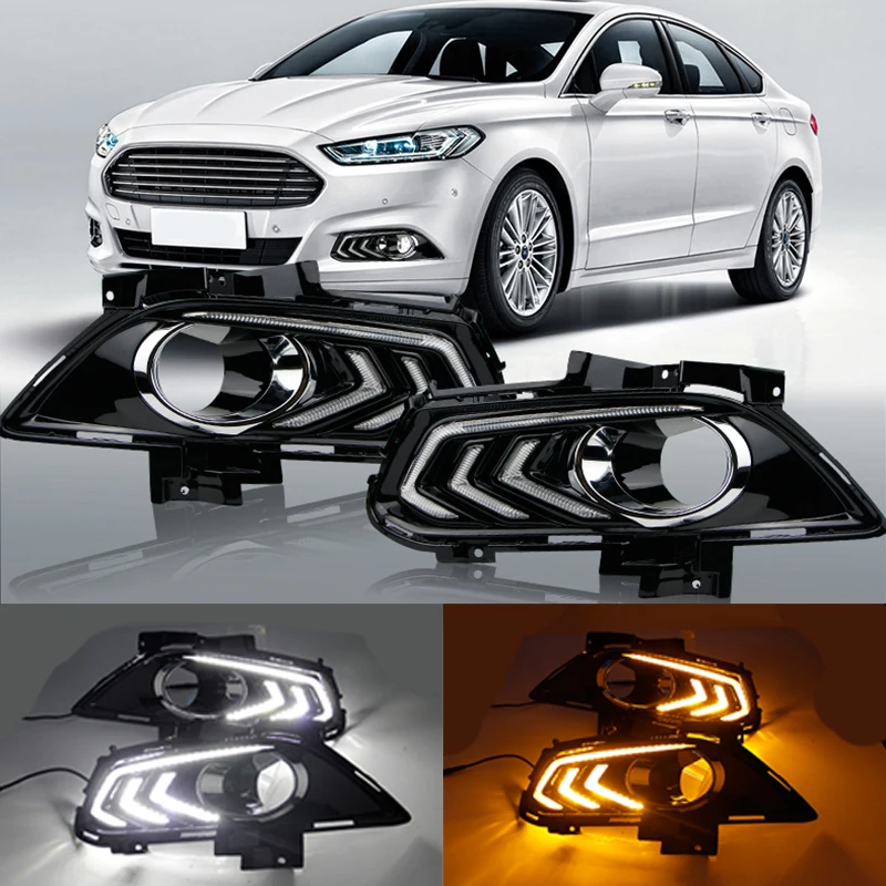 

For Ford Mondeo Fusion 2013 2014 2015 2016 Car DRL LED Daytime Running Light fog lamp with Yellow Turning Signal style Relay