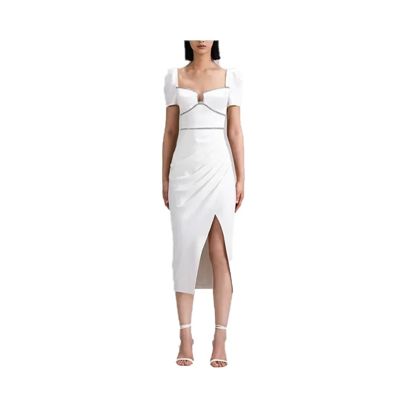 

VII 2024 Summer Dresses For Women Elegant French Style Diamond Jewelry Slit Waist And Open Split Desire One Piece Free Shipping