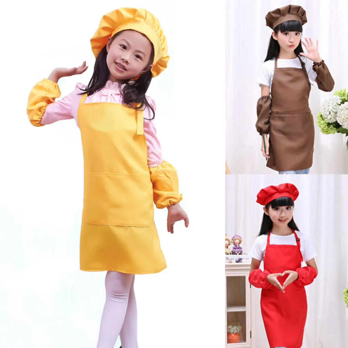 어린이 셰프 세트 (713세) 두꺼운 부드러운 원단 앞치마, 셰프 모자, 손목 보호대, 요리, 베이킹, 파티 장식, 주방에 적합