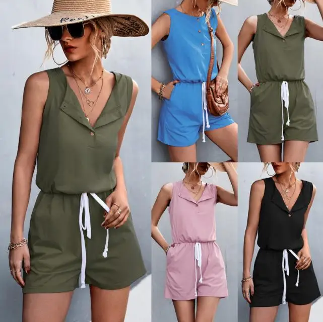 Women's Sexy V-neck Jumpsuit Summer New Beach Solid Color Rompers Sleeveless Casual Fashion Sexy Short Playsuits Ladies Clothing