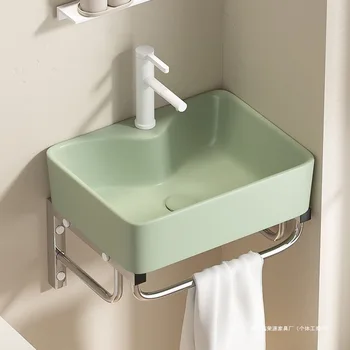 อ่างล้างหน้าเซรามิกสีเขียวผลไม้ติดผนังอพาร์ทเมนต์ขนาดเล็กประหยัดพื้นที่, แผ่นหน้าวงเล็บสแตนเลส, อ่างล้างหน้าในห้องน้ำ 1