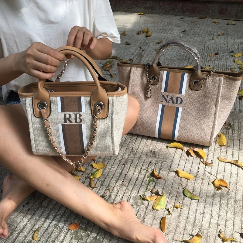 Custom Monogrammed Midnight Navy With Tan Handles with White and Dark Brown Stripes Initials Canvas Weekender Bag Travel Totes