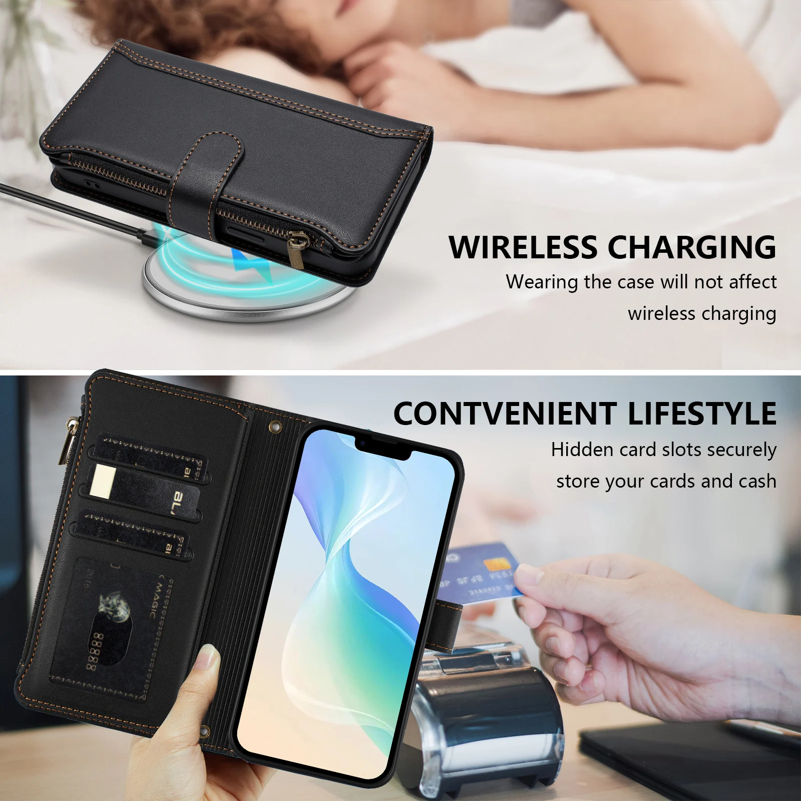 Elegant PU Leather Crossbody Wallet with Zipper and Wrist Strap