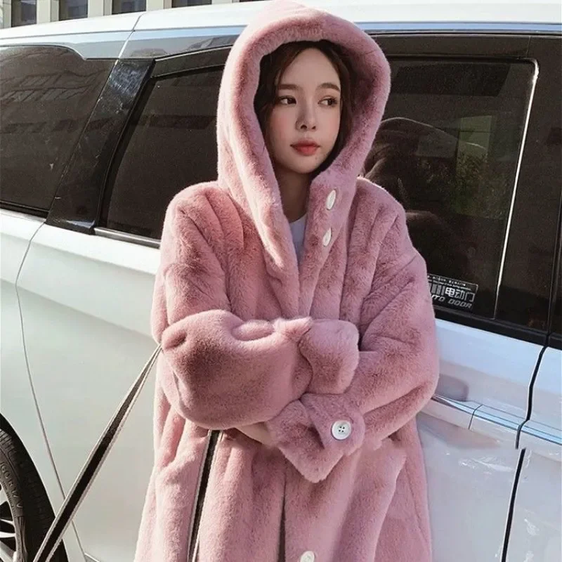 2023 Autumn New Imitation Mink Coat Women's Hooded Mid Long Loose Thickened Mink Leather Fashion High Grade Comfortable Fur Coat