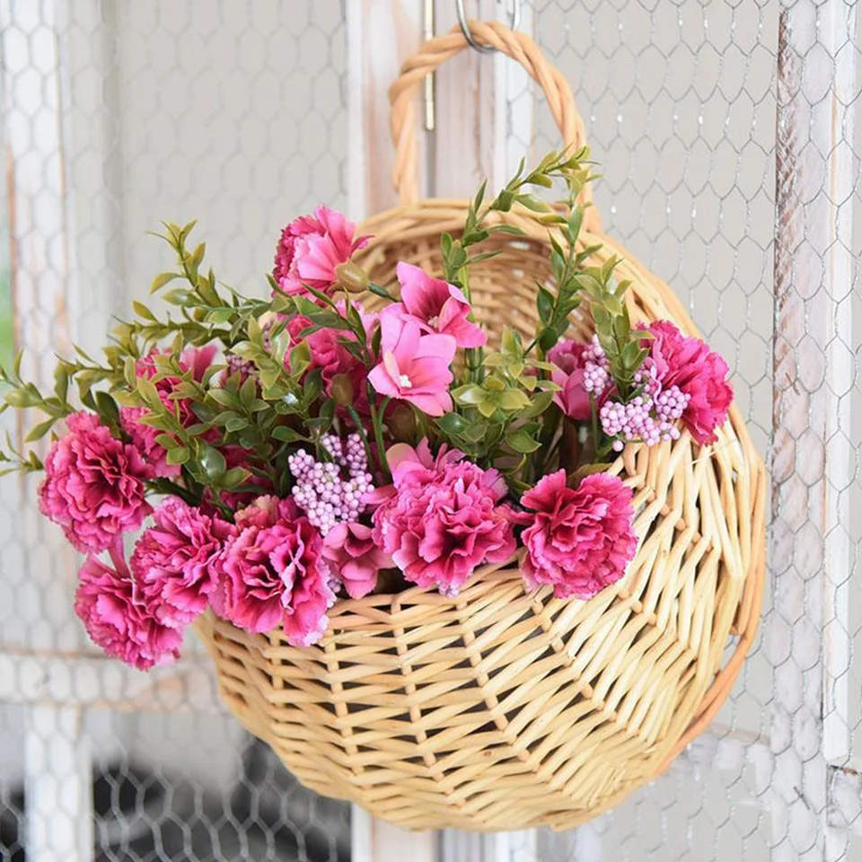RTWAY Fioriera sospesa, 2 pezzi, in finto rattan, da appendere alla parete, stile europeo, semicircolare, cesto da fiori da appendere, per recinzione, portico, giardino, balcone