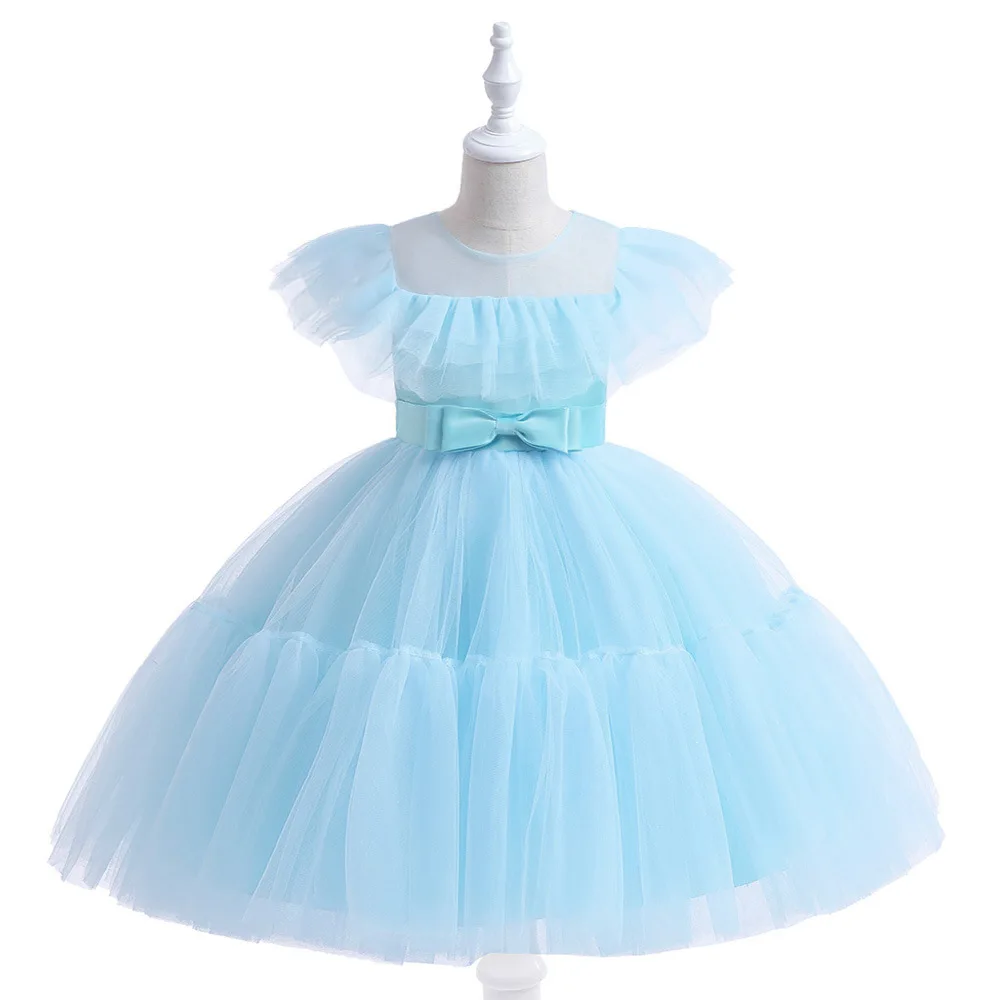 

Sky Blue Cap Sleeves Bridesmaid Kids Dresses For Girls 4-7 Y Princess Ballgown Tulle Tutu Evening Formal Wedding Vestido