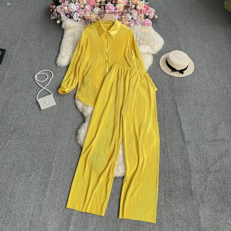 

Fashion Set Women's Loose Fitting Long Sleeved Pleated Clean Color Shirt Two-piece High Waisted Draped Straight Leg Wide Leg