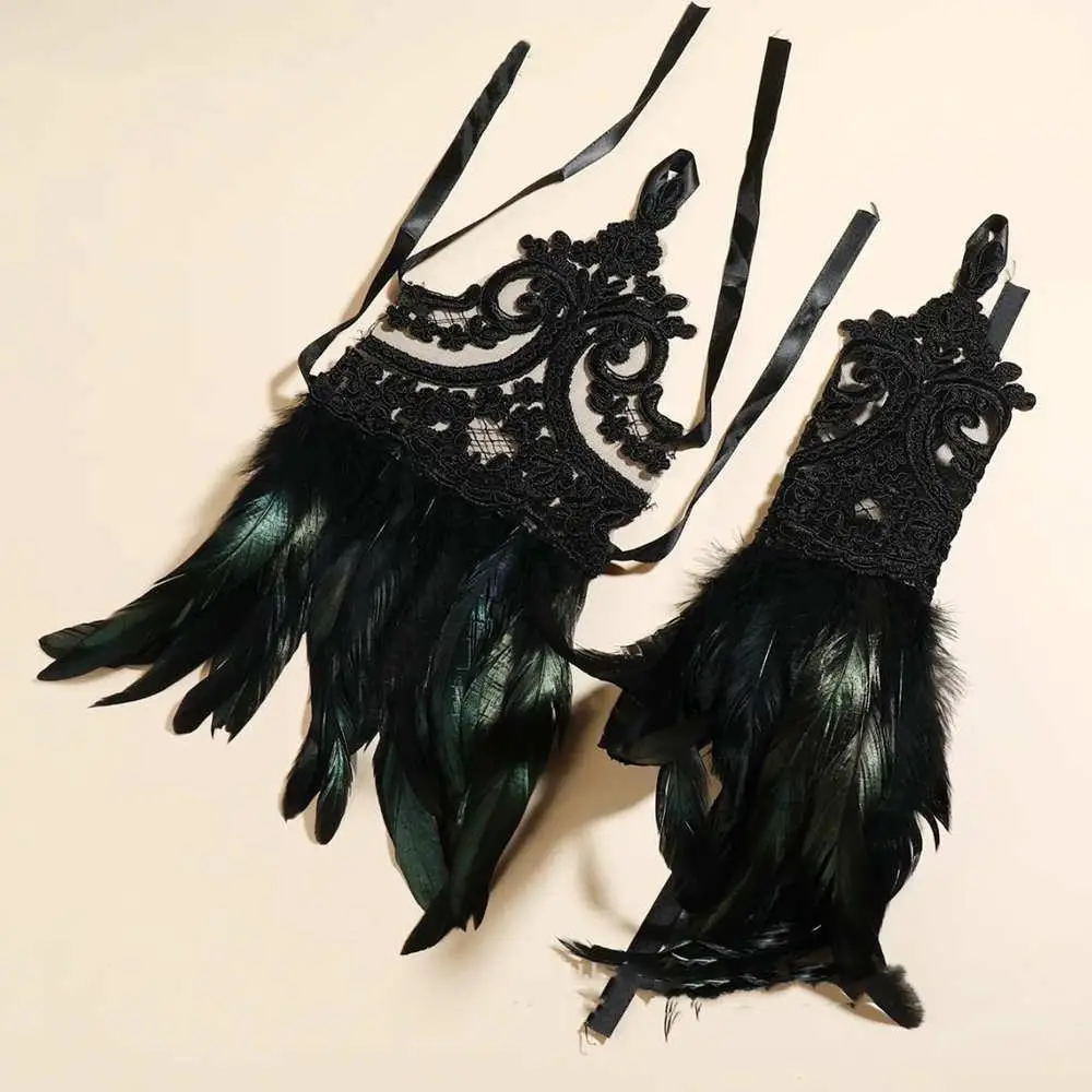 1PC Sexy Lace Feather Long Gloves Party Cosplay Lace Wrist Cuffs Wedding Party Show Costume Halloween Gothic Sleeves Accessories