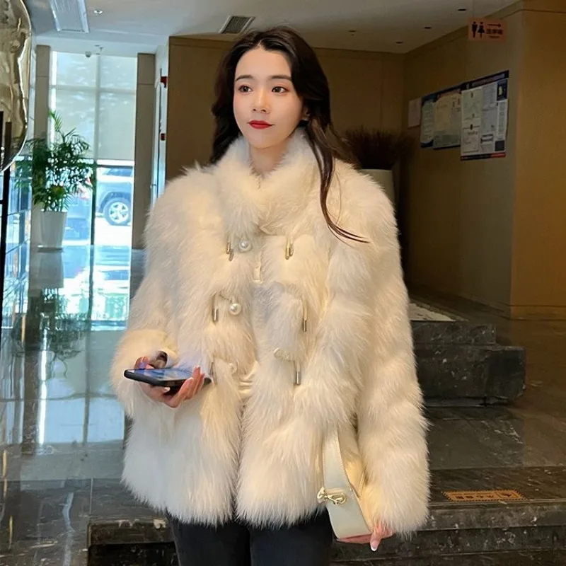 Pearl Button Fluffy Fur Coat Women Warm Faux Fox Fur Coat Luxury Brand Designer Clothing Stand Up Collar Long Sleeve Korean Chic
