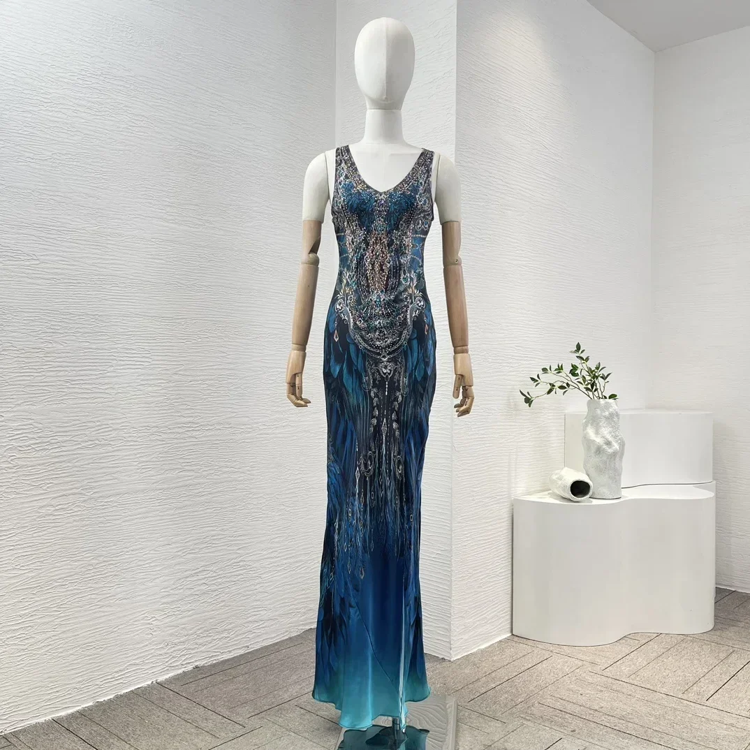 

2024 Summer Women Vintage Navy Blue Peacock Print Sleeveless Diamonds Pressed Vest Bide Slit Silk Maxi Dress