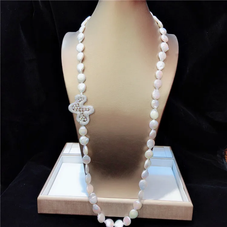 Hand knotted natural 11-12mm white button shaped pearl micro inlay zircon necklace fashion jewelry