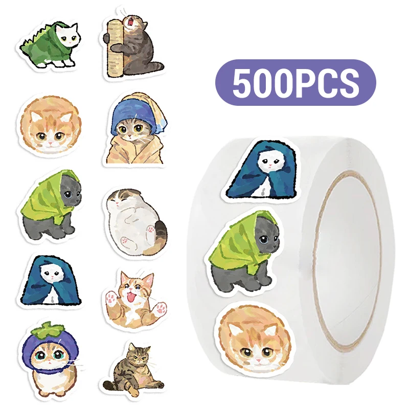 500PCS 1 롤 고양이 스티커 데칼 귀여운 밈 새끼 고양이 스티커 애완 동물 ..
