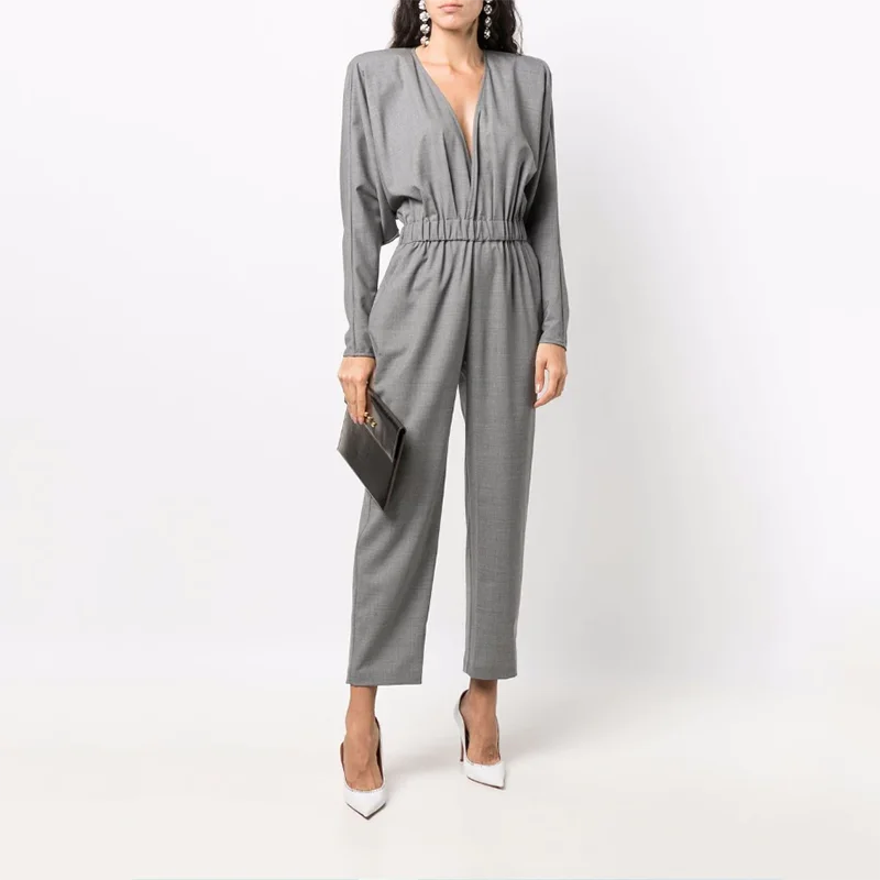 

Elastic waist deep V-neck long-sleeved jumpsuit pants simple casual hundred Gray Woman clothing 2023 Autumn and Winter new