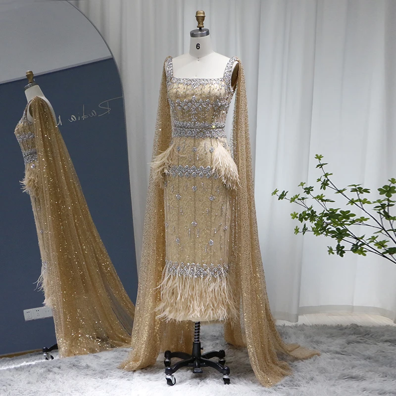 Sharon Said Bling Gray Mermaid Arabic Evening Dress with Cape Luxury Feather Dubai Formal Dresses for Women Wedding Party SS279