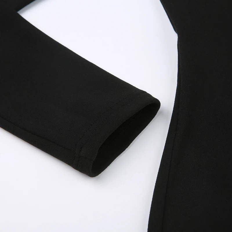 Mono negro sexy ajustado con gancho hueco en la parte delantera para mujer, mono negro liso con cuello redondo y manga larga para otoño e invierno, trajes básicos de baddie.