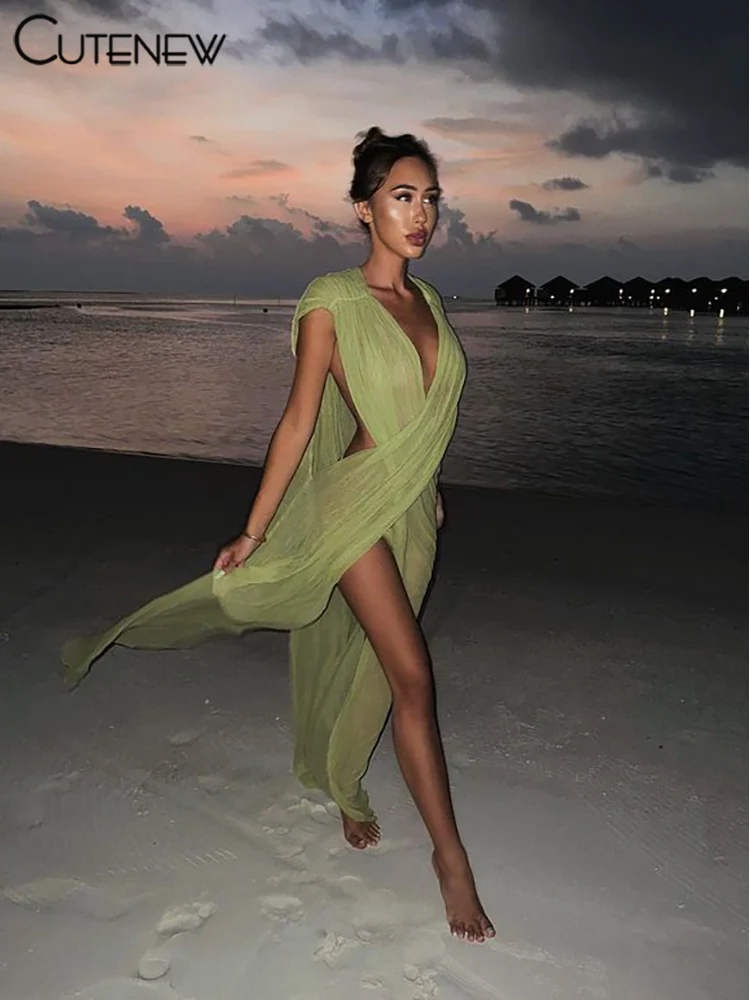 Cutenew Solid Shirring Maxi Dress Women Summer Loose Cross Splitted Concise Sleeveless V-neck Vestidos Female Holiday Trend Robe