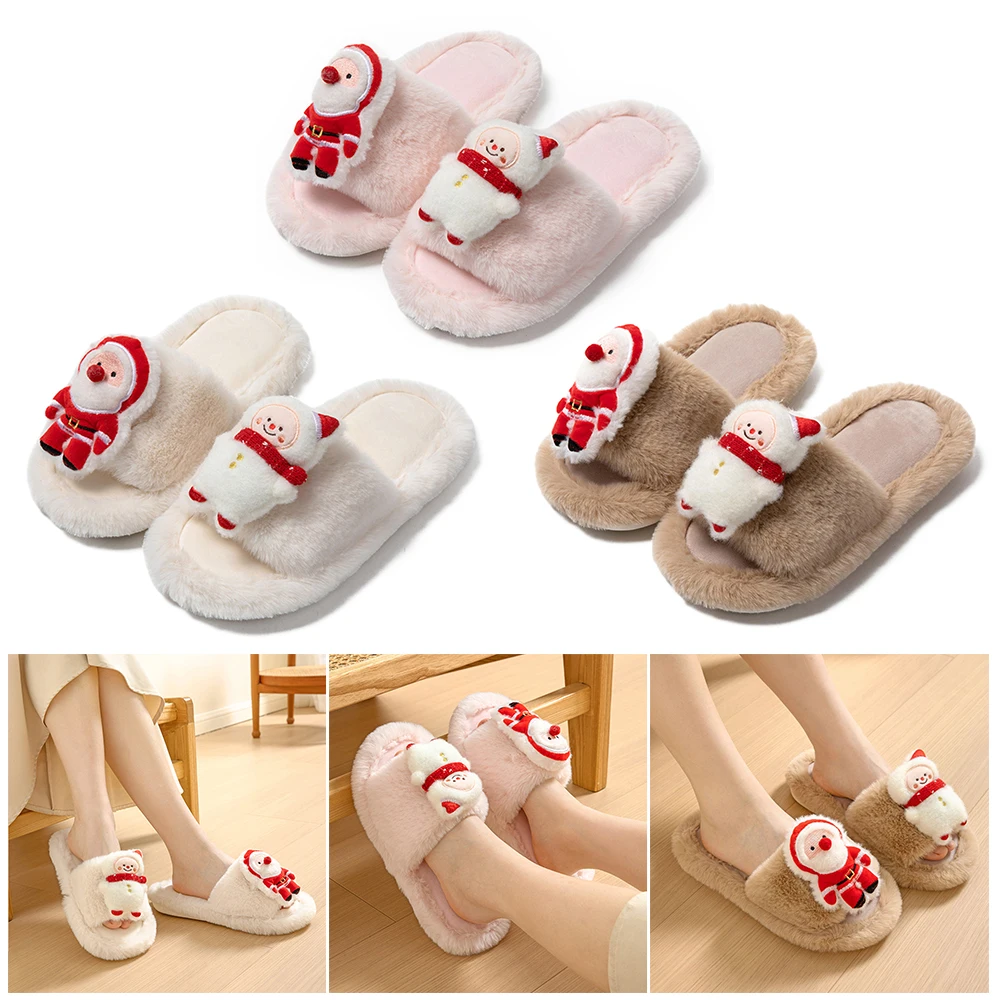 Christmas Printed Slippers Casual Fluffy Thickened Slippers Comfy Plush Breathable Rubber Sole