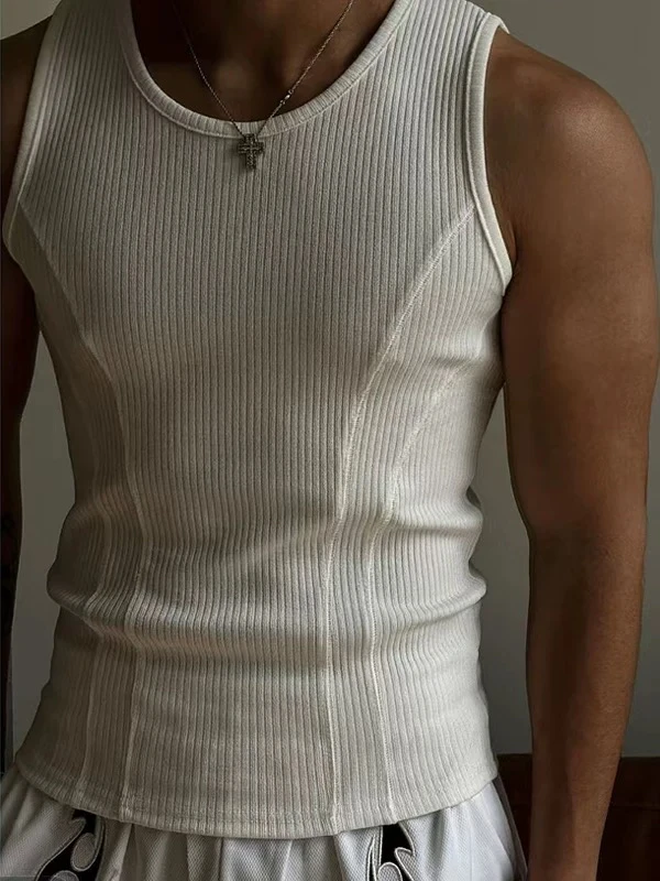 American Sle Slim Fit Tank Top Men Summer Tight Elastic Splice Sport Fitn round Ne Svel oulder Pad Vest