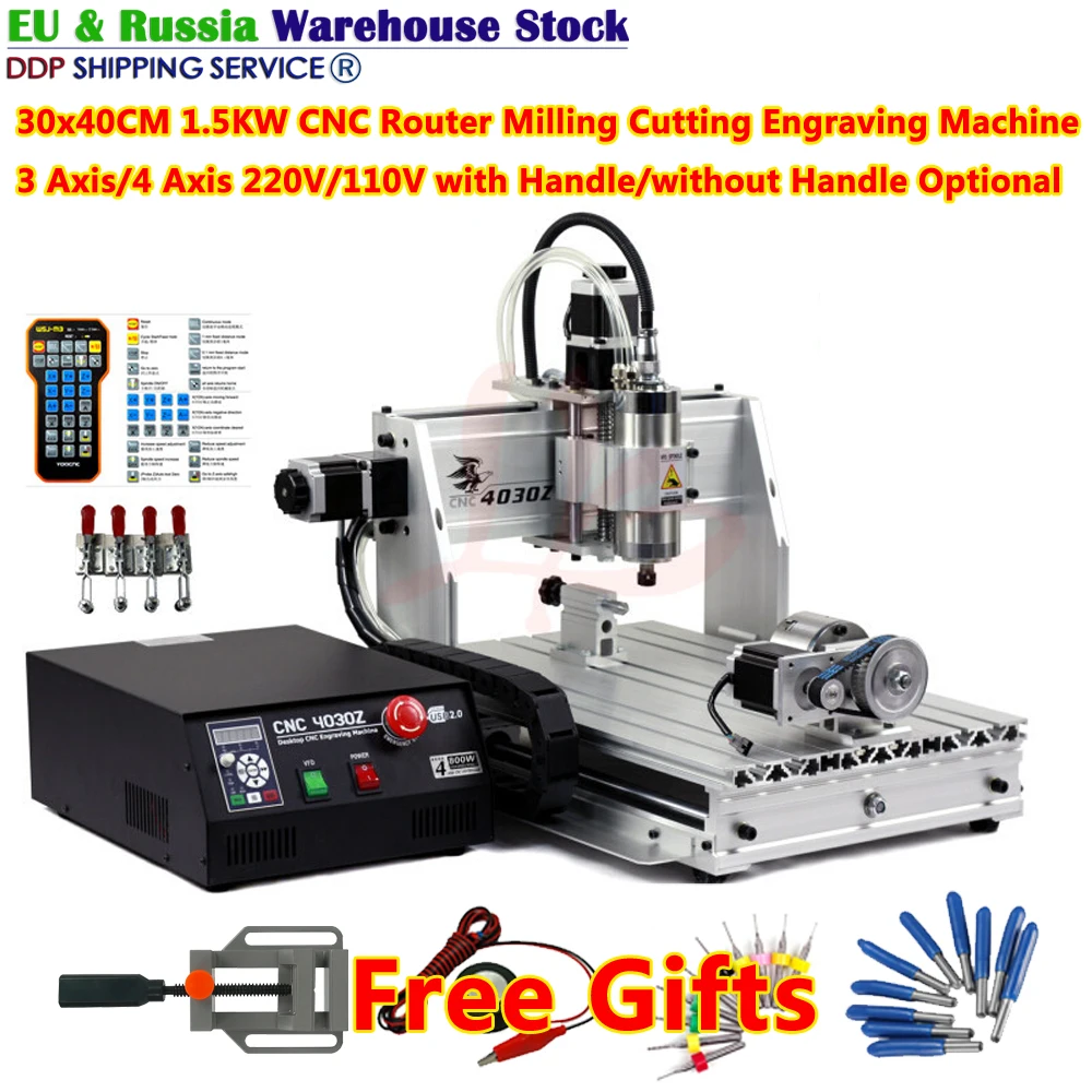 

1.5KW 3040 CNC Router Milling Cutting Engraving Machine 3/4 Axis with Handle 4030 for Wood Work 40x30CM Engraver with Free Gift