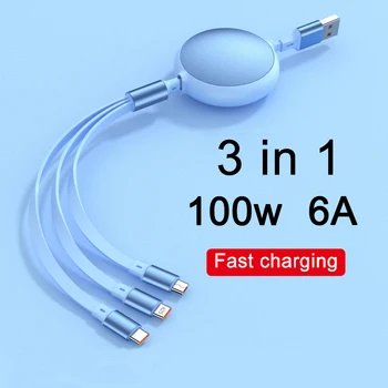3in1 6A 100W Retractable Portable Fast Travel Essential USB Cable Retractable Phone Charger Multiple Charging Cord with Type C 1