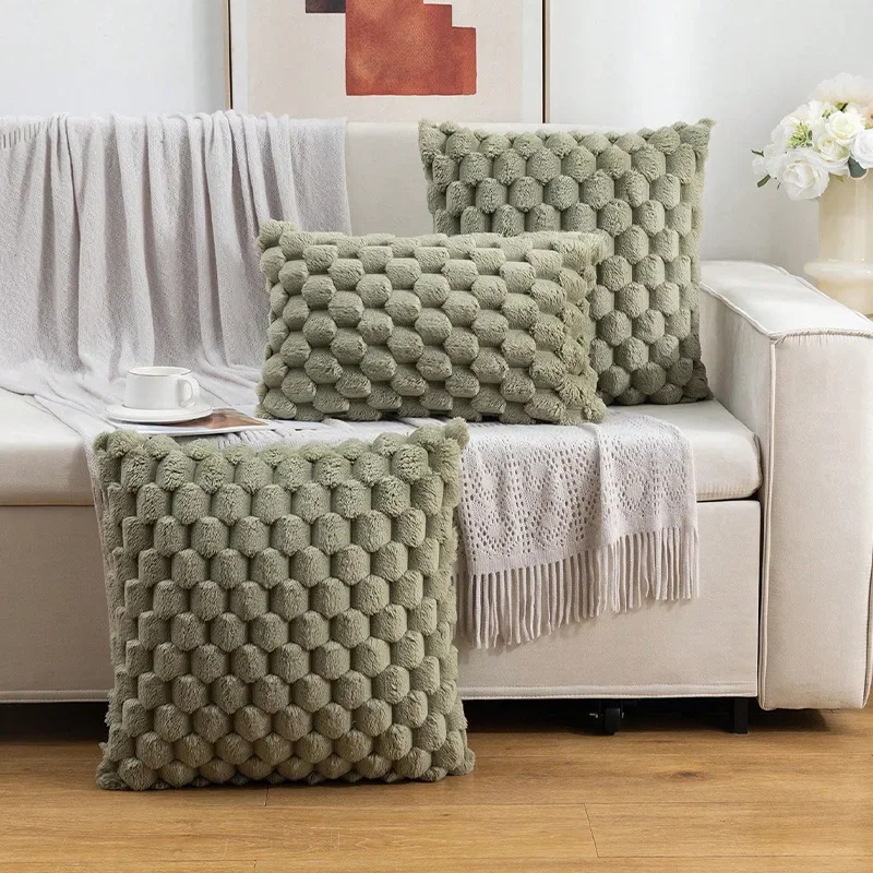 Green woven plush pillow cover