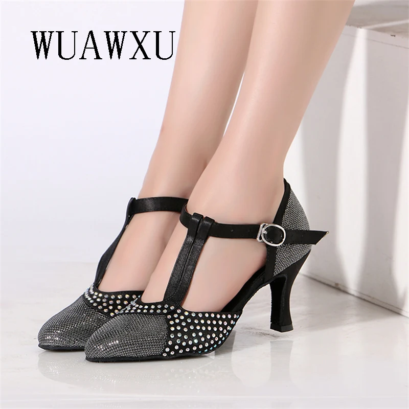 NATASHA2023 Pointed Dance Shoes for Women Adult Soft Sole with Diamond Satin and Silver Black Shine Modern Double Dance Social D