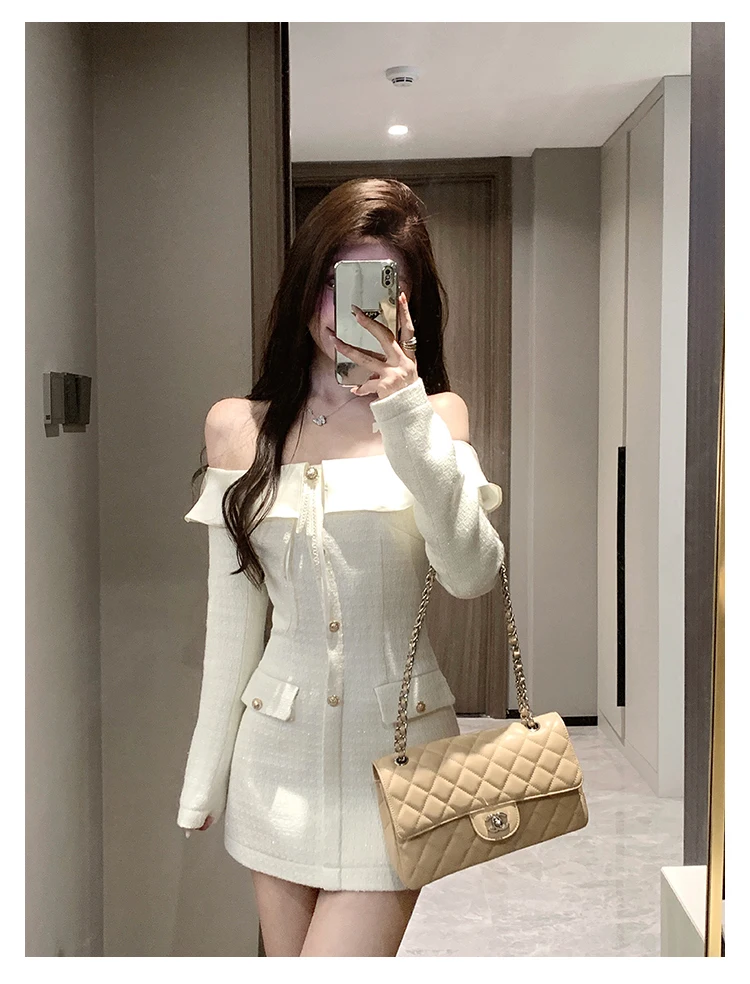 Elegant Tweed Slash Neck Short Dresses for Women Long Sleeve Slim Waist Birthday Party Dress Korean Fashion Vestidos Mujer