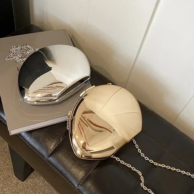 Women Evening Party Bag Designer Acrylic Shell Shape Clutch Bag Gold Silver Cute Shiny Metal Shoulder Crossbody Bags Small Purse - 6