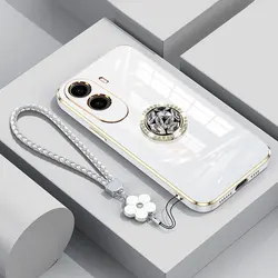 Custodia per telefono di lusso antiurto con anello portafoto con diamante e lanyard