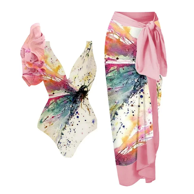 

Watercolor Print Vintage Swimsuit Women Ruffle Swimwear Brazilian V-Neck Holiday Designer Bathing Suit Beach Cover Up 2023 New
