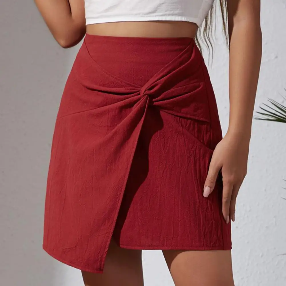 

Women Mini Skirt High Waist Asymmetrical Split Hem Twist Design Short Skirt Solid Color Slim Fit Short Skirt Streetwear