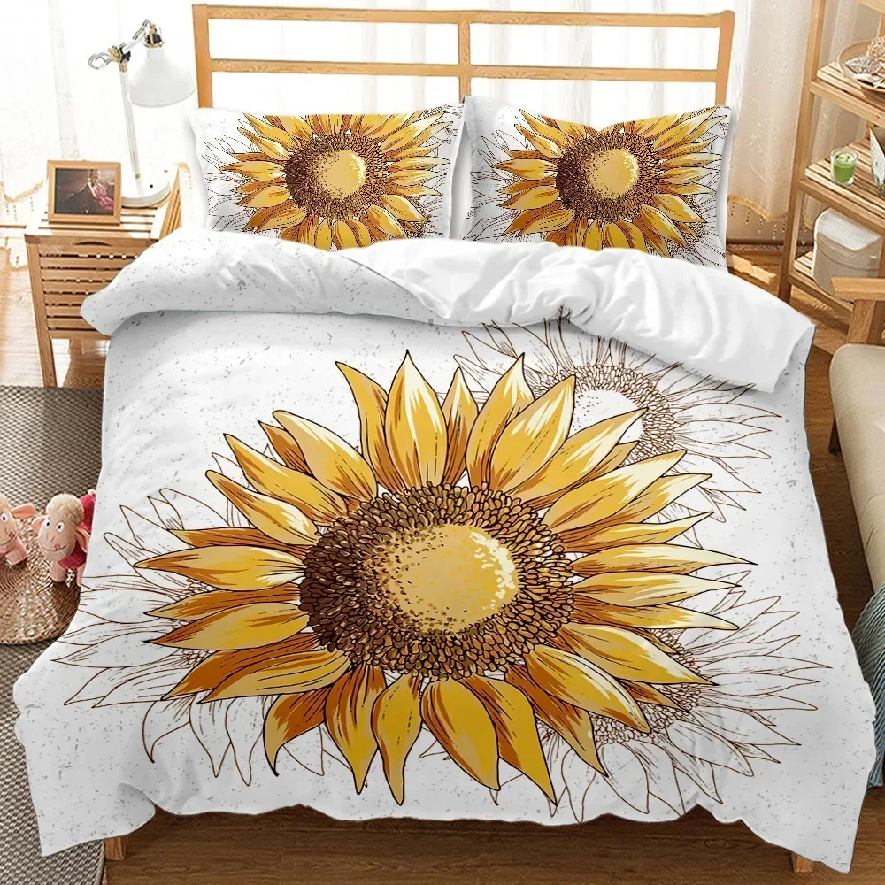 Sunflower Duvet Cover Set Yellow Flower Bedding Set Sunflower Botanical Floral Garden Bloom Print on Black Polyester Quilt Cover